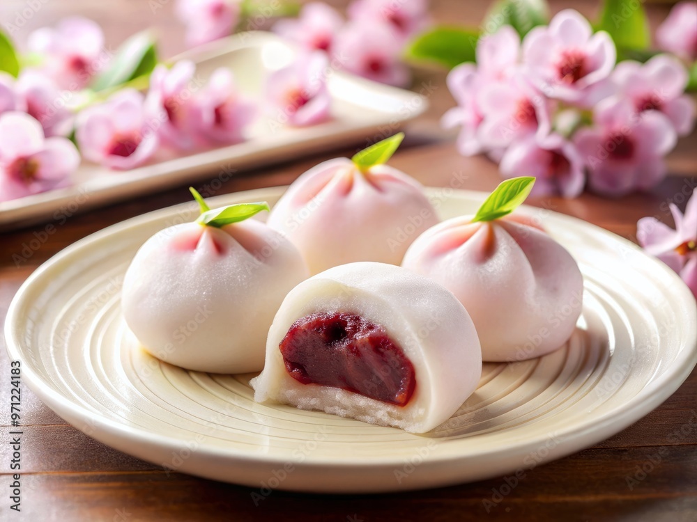 Sweet dumplings filled with red bean paste, served on a white plate, with a single cherry blossom petal on top