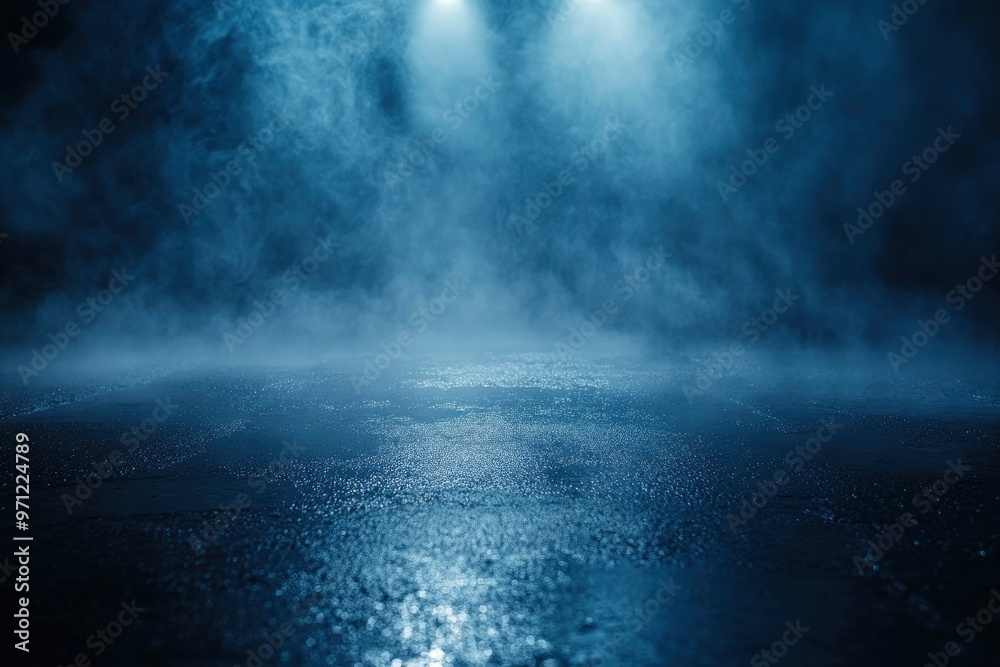 Dark street, wet asphalt, reflections of rays. Abstract dark blue background, smoke, smog. Empty dark scene, neon light, spotlights. Concrete floor with generative ai Dark street, wet asphalt, reflections of rays. Abstract dark blue background, smoke, smog. Empty dark scene, neon light, spotlights. Concrete floor with generative ai