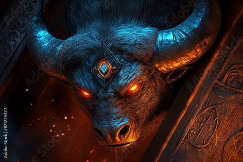 A dungeon guarded by a fierce minotaur, lurking in the shadows and ready to hunt down anyone who enters its lair photo