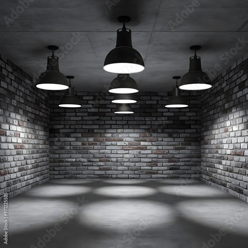 Brick concrete room with five ceiling lamps