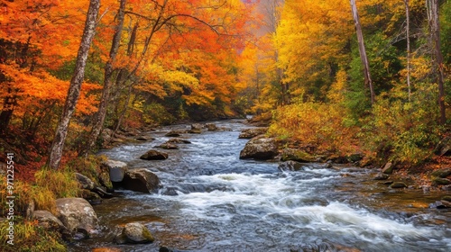 Little River amidst vibrant fall foliage in Smoky Mountains National Park, Tennessee.