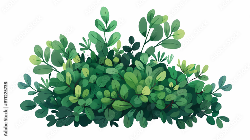 Cute green bush from the forest cartoon, isolated nature object for kids design. Branches and leaves of a fluffy bush isolated on a white background. Vector hand drawn illustration in paper cute style Cute green bush from the forest cartoon, isolated nature object for kids design. Branches and leaves of a fluffy bush isolated on a white background. Vector hand drawn illustration in paper cute style
