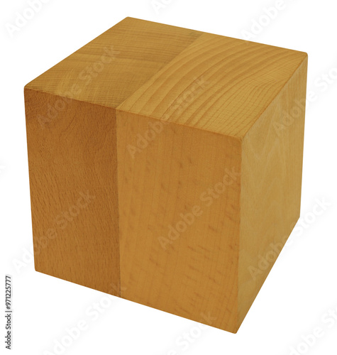 Wooden school geometric solid cube for geometry classes isolated on white background. Learning items concept