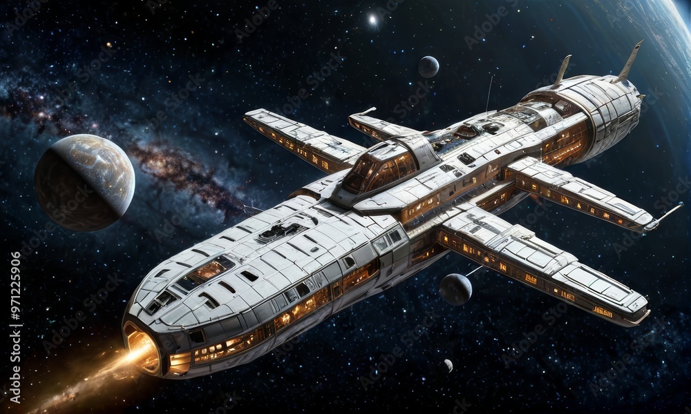 Fototapeta premium Futuristic Spacecraft Orbiting Earth in Galaxy