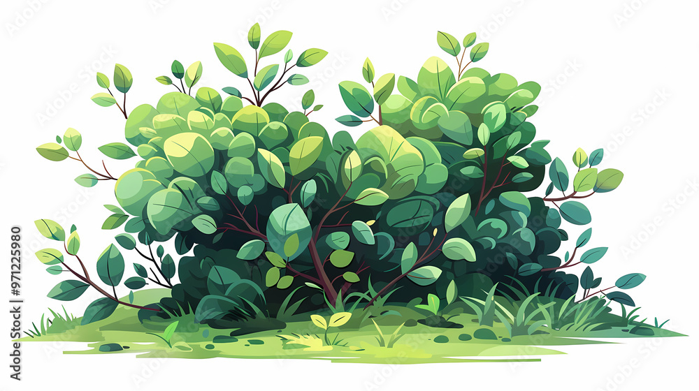 Cute green bush from the forest cartoon, isolated nature object for kids design. Branches and leaves of a fluffy bush isolated on a white background. Vector hand drawn illustration in paper cute style Cute green bush from the forest cartoon, isolated nature object for kids design. Branches and leaves of a fluffy bush isolated on a white background. Vector hand drawn illustration in paper cute style