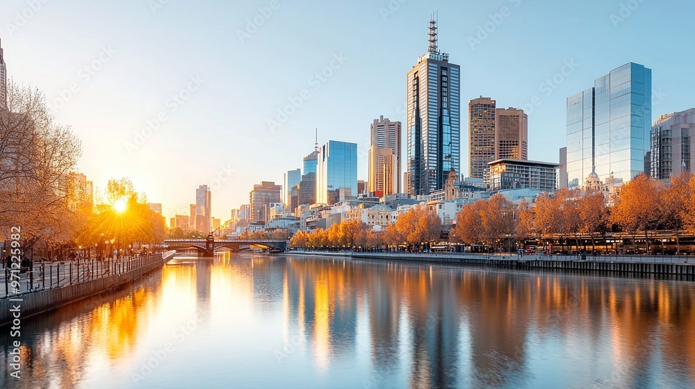 Fototapeta premium Majestic Golden Hour Cityscape: Skyscrapers Reflecting in Glowing River Waters