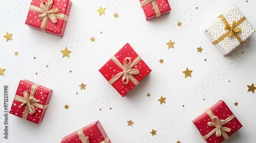 Beautifully wrapped red and gold gift boxes with stars scattered around, set against a clean white background.