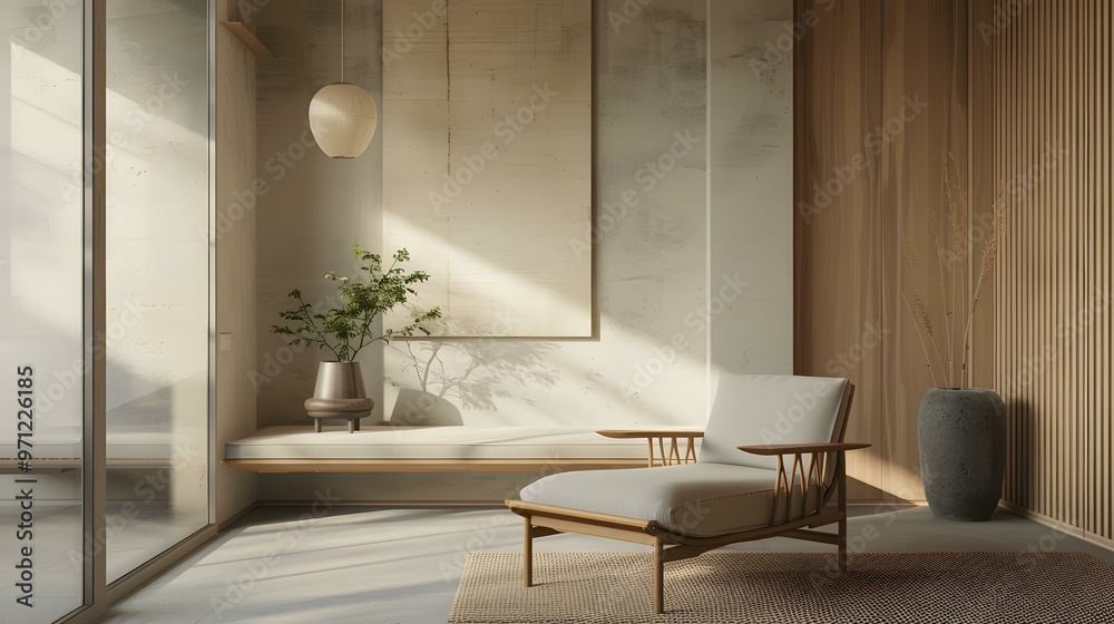 Fototapeta premium Minimalist Interior Design With Wooden Chair and Plant