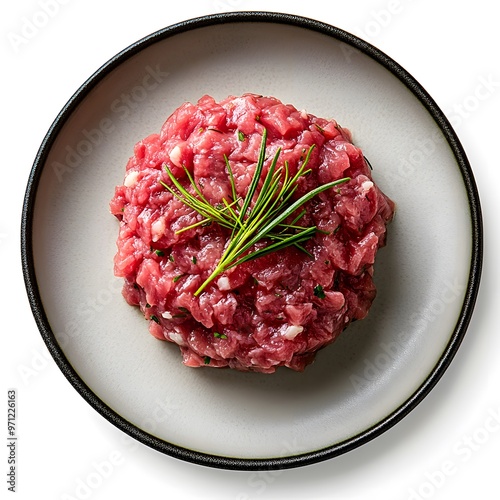 Fresh beef tartare with herbs on plate - culinary presentation and gourmet dining photo