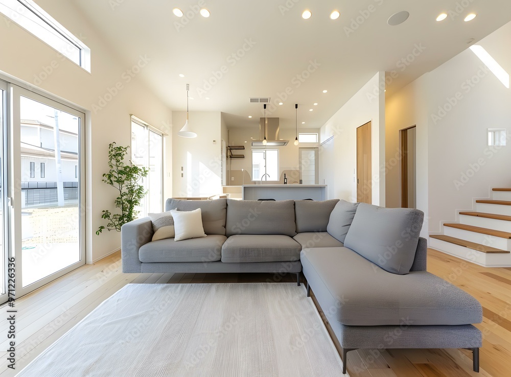 Fototapeta premium Modern Living Room with Grey Sectional Sofa and White Rug