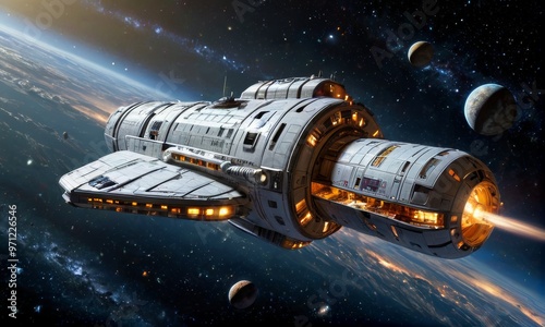 Wallpaper Mural Futuristic Spacecraft Orbiting Earth in Galaxy Torontodigital.ca