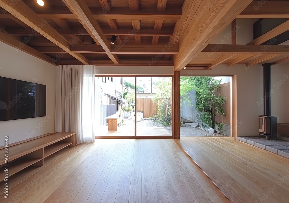 Obraz premium Modern Japanese Home Interior Design with Wooden Ceiling Beams and Large Windows
