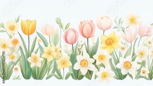 A vibrant floral arrangement featuring colorful tulips and daffodils, perfect for spring-themed designs and nature-inspired projects.