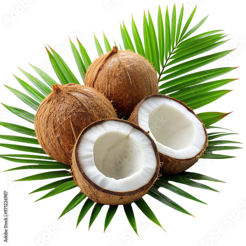 Coconuts with leaves Isolated on transparent background.