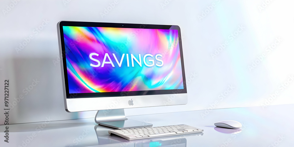 3D Desktop Computer with Holographic Savings Pouch Icon - Modern Business Concept with Copy Space 3D Desktop Computer with Holographic Savings Pouch Icon - Modern Business Concept with Copy Space