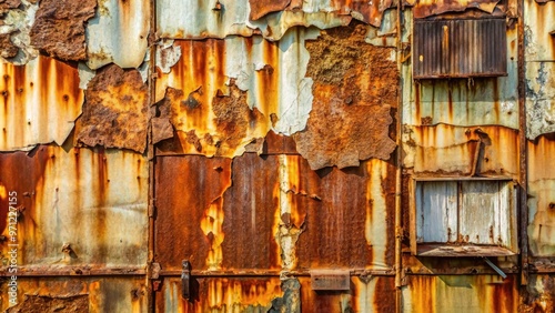 Weathered rusty metal exterior with peeling paint, revealing corroded layers, featuring intricate patterns of decay, oxidation, and natural distressed textures in warm, earthy tones. photo