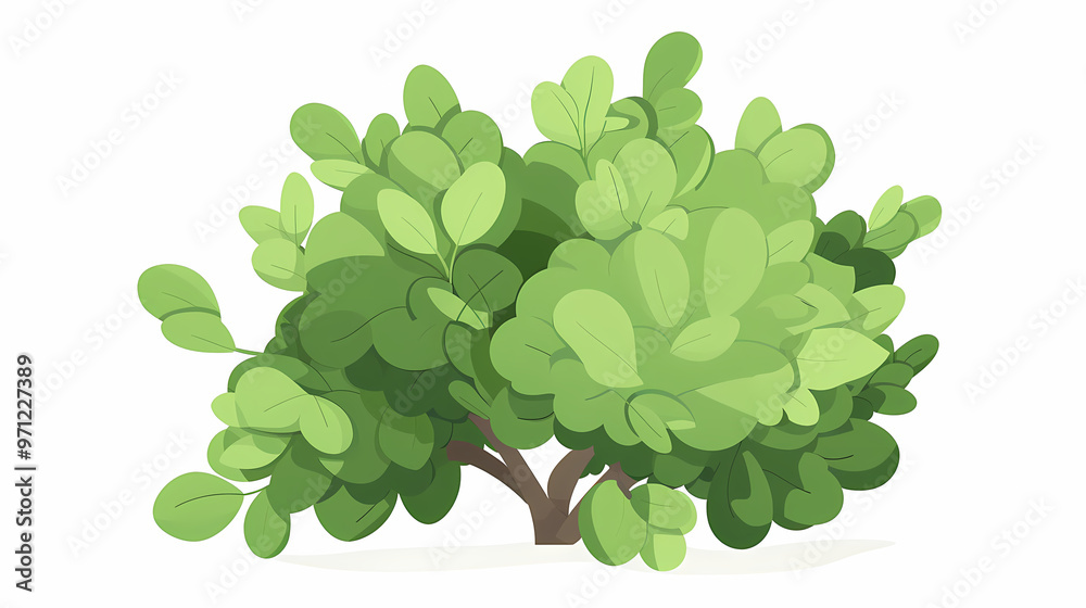 Cute green bush from the forest cartoon, isolated nature object for kids design. Branches and leaves of a fluffy bush isolated on a white background. Vector hand drawn illustration in paper cute style Cute green bush from the forest cartoon, isolated nature object for kids design. Branches and leaves of a fluffy bush isolated on a white background. Vector hand drawn illustration in paper cute style