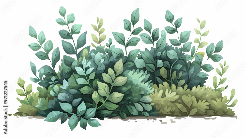 Fototapeta premium Cute green bush from the forest cartoon, isolated nature object for kids design. Branches and leaves of a fluffy bush isolated on a white background. Vector hand drawn illustration in paper cute style