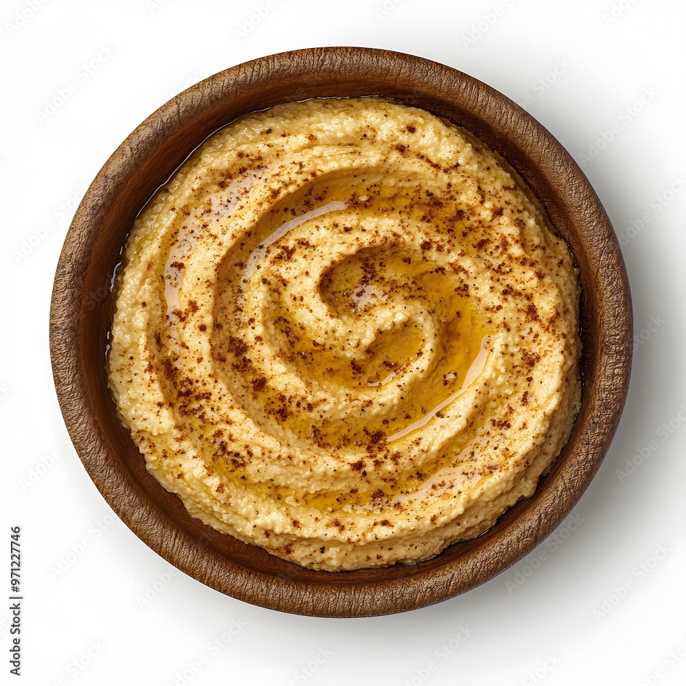 Fototapeta premium Delicious creamy hummus topped with olive oil and spices in wooden bowl