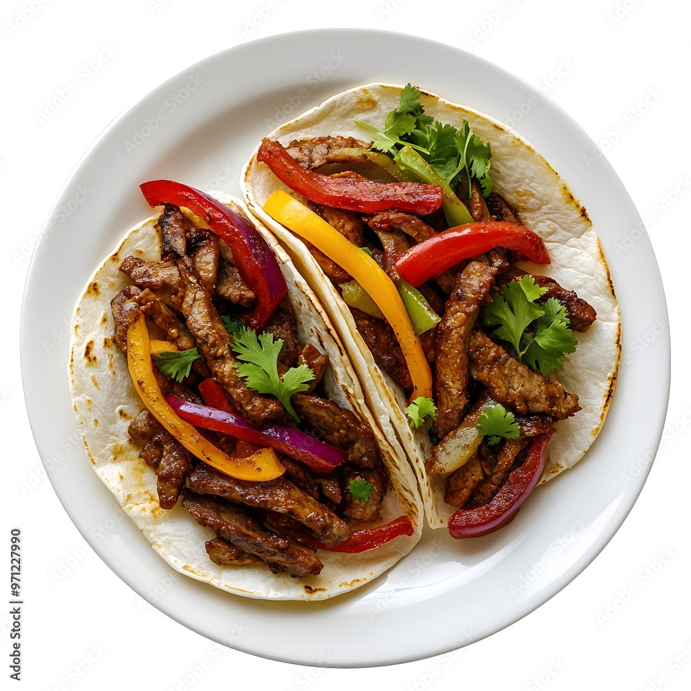 Delicious beef fajitas with colorful bell peppers and fresh cilantro on a white plate Delicious beef fajitas with colorful bell peppers and fresh cilantro on a white plate