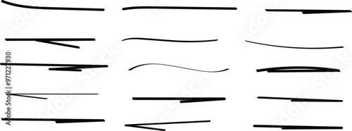 set of black hand drawn bold underline art, different highlight lines vector illustration.