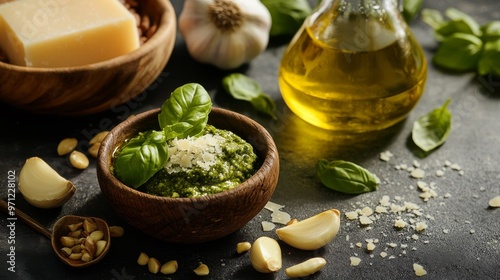 Basil, pine nuts, garlic, olive oil, Parmesan for pesto photo