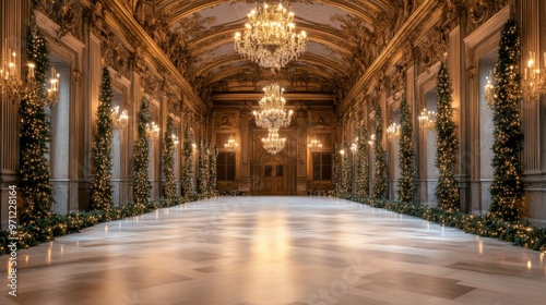 A stunning view of a grand hall adorned with Christmas decorations, featuring elegant chandeliers and festive evergreen arrangements. photo