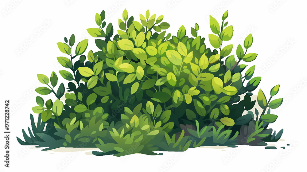Cute green bush from the forest cartoon, isolated nature object for kids design. Branches and leaves of a fluffy bush isolated on a white background. Vector hand drawn illustration in paper cute style Cute green bush from the forest cartoon, isolated nature object for kids design. Branches and leaves of a fluffy bush isolated on a white background. Vector hand drawn illustration in paper cute style