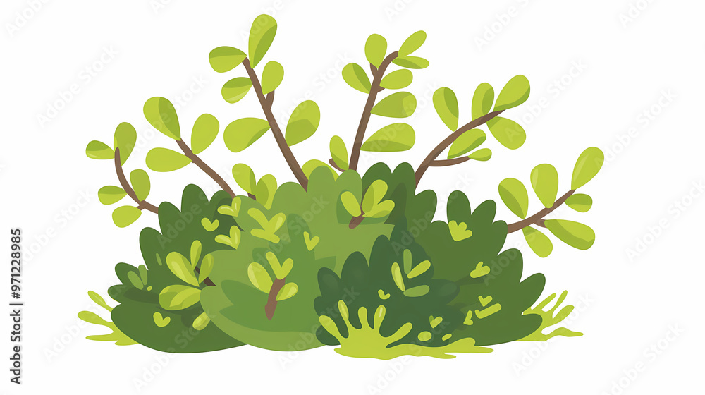 Cute green bush from the forest cartoon, isolated nature object for kids design. Branches and leaves of a fluffy bush isolated on a white background. Vector hand drawn illustration in paper cute style Cute green bush from the forest cartoon, isolated nature object for kids design. Branches and leaves of a fluffy bush isolated on a white background. Vector hand drawn illustration in paper cute style