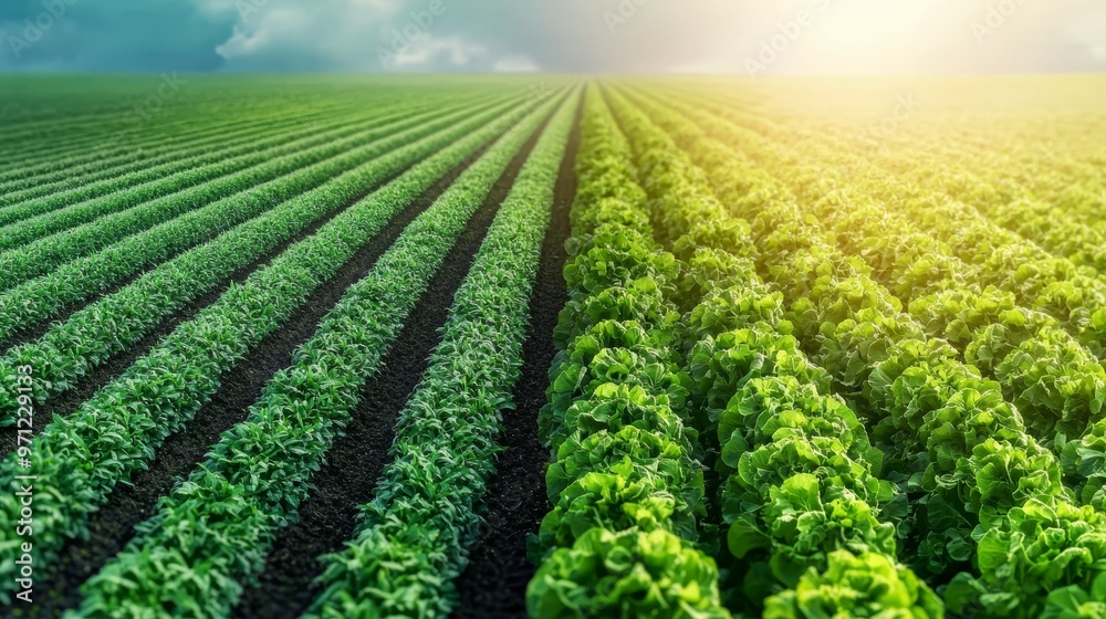Vibrant green fields stretch under a bright sun, showcasing healthy crops in organized rows, symbolizing agricultural prosperity.