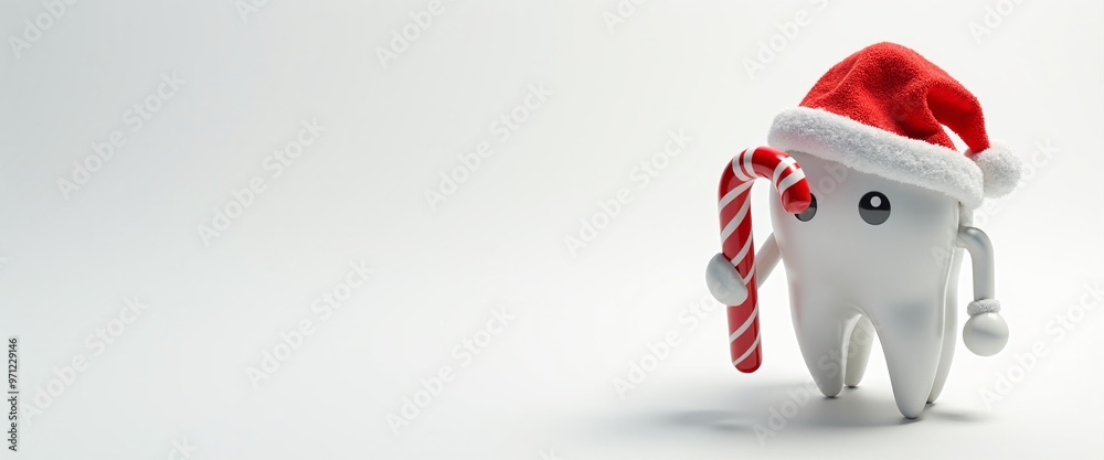 Cartoon tooth with festive Santa hat holding candy cane against white background with copy space Cartoon tooth with festive Santa hat holding candy cane against white background with copy space