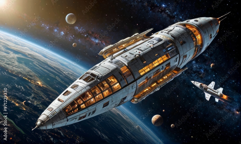 Obraz premium Futuristic Spacecraft Orbiting Earth in Galaxy