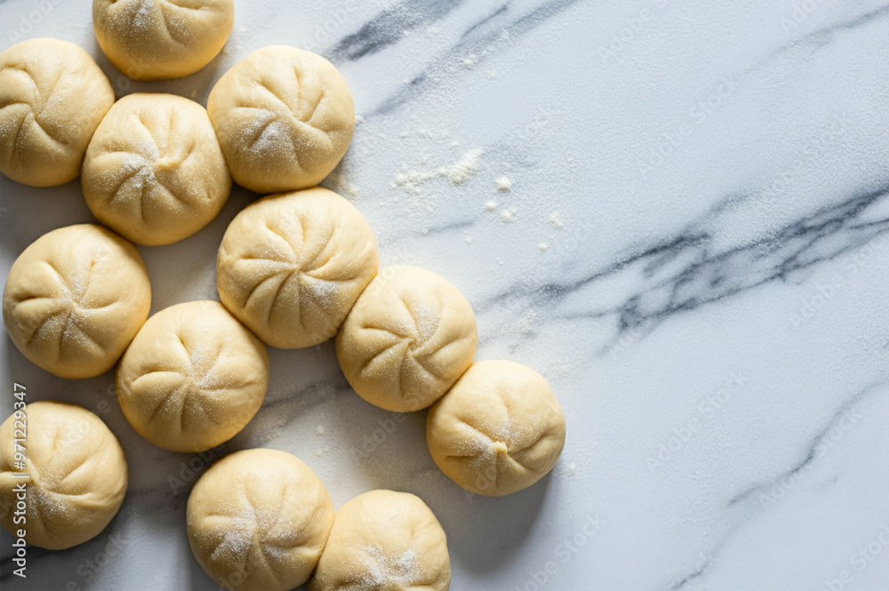 Fermenting dough balls on a floured surface. Leavening for baking buns, bread or pizza Fermenting dough balls on a floured surface. Leavening for baking buns, bread or pizza
