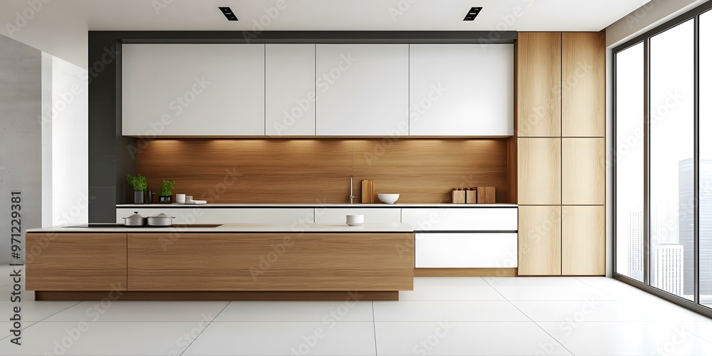 Fototapeta premium Modern Kitchen Interior Design with Wooden Cabinets and Island