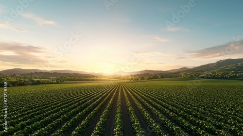 Breathtaking sunset over a lush vineyard with rows of grapevines stretching towards the horizon, capturing the essence of nature's beauty.