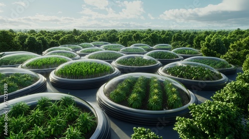 Futuristic greenhouses with dome-shaped roofs showcasing sustainable agriculture and innovative farming in a lush landscape.