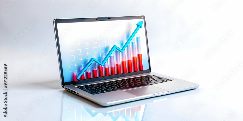 3D Laptop with Holographic Profit Graphs on Glossy White Background for Business and Financial Presentations - Sleek, Professional, Ideal for Marketing 3D Laptop with Holographic Profit Graphs on Glossy White Background for Business and Financial Presentations - Sleek, Professional, Ideal for Marketing