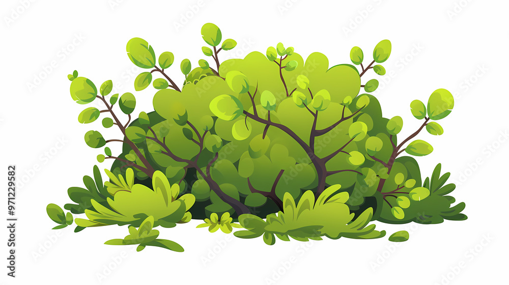 Cute green bush from the forest cartoon, isolated nature object for kids design. Branches and leaves of a fluffy bush isolated on a white background. Vector hand drawn illustration in paper cute style