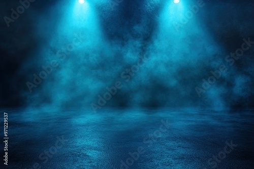 Dark street, wet asphalt, reflections of rays. Abstract dark blue background, smoke, smog. Empty dark scene, neon light, spotlights. Concrete floor with generative ai