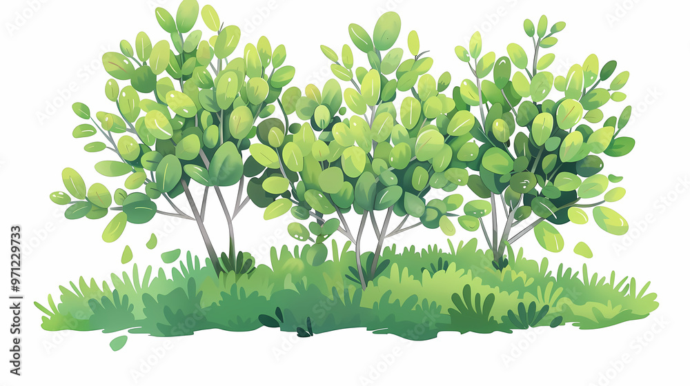 Cute green bush from the forest cartoon, isolated nature object for kids design. Branches and leaves of a fluffy bush isolated on a white background. Vector hand drawn illustration in paper cute style Cute green bush from the forest cartoon, isolated nature object for kids design. Branches and leaves of a fluffy bush isolated on a white background. Vector hand drawn illustration in paper cute style