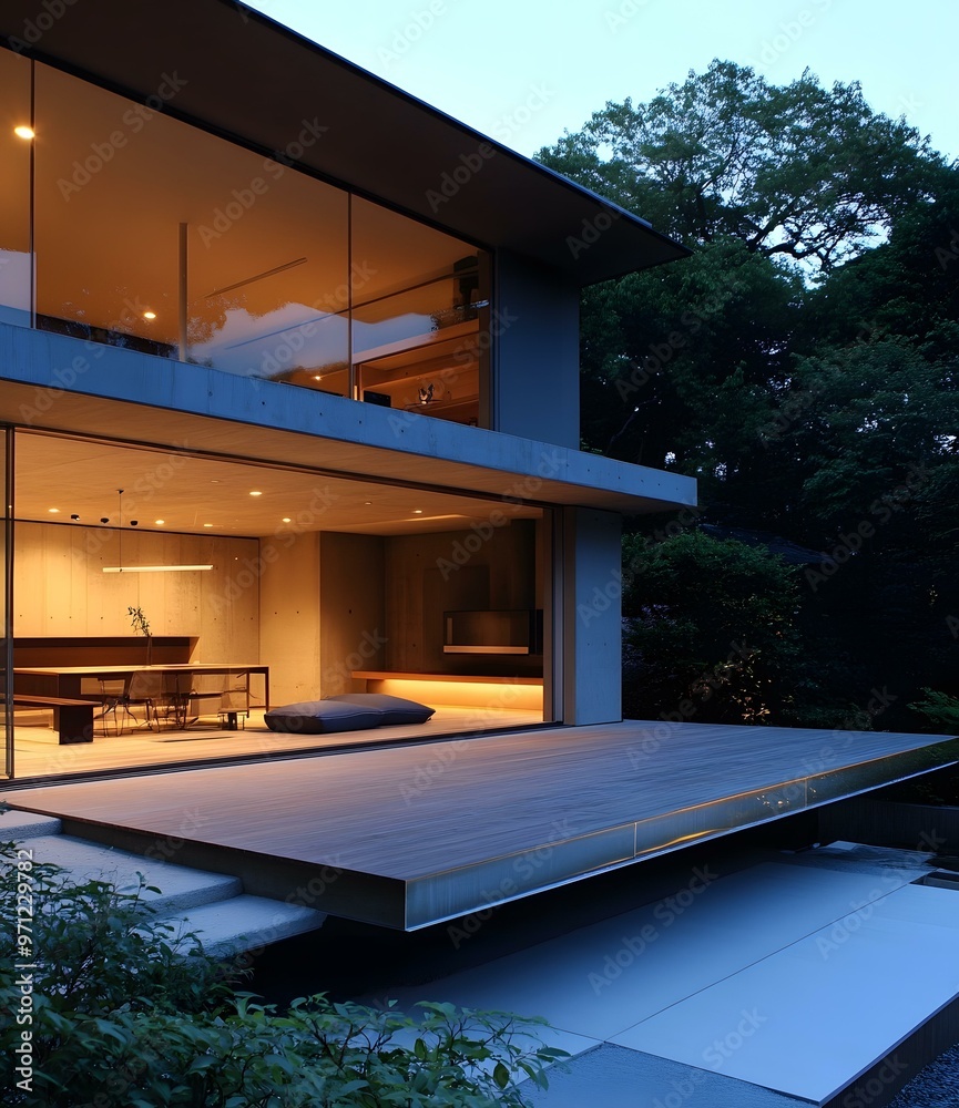 Fototapeta premium Modern Minimalist House Exterior With Wooden Deck