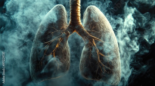 Illustration of a toxic smoke formation shaped as the human lung, The concept of cigarette smoker lungs on black background