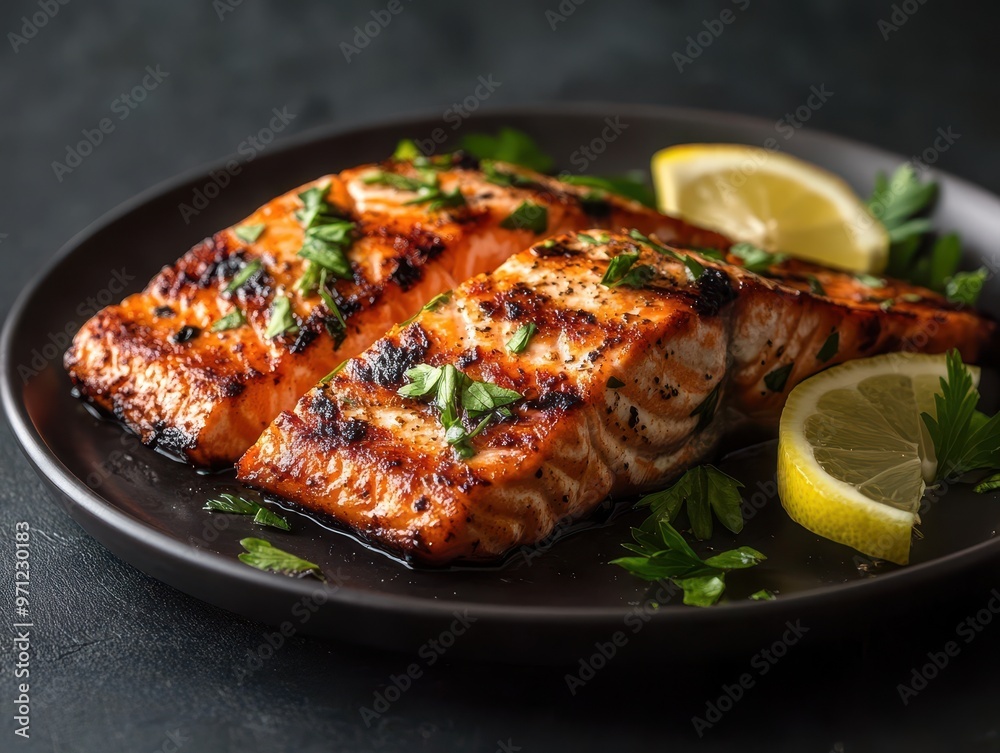 Grilled salmon fillets garnished with parsley and served with lemon slices on a black plate. Grilled salmon fillets garnished with parsley and served with lemon slices on a black plate.