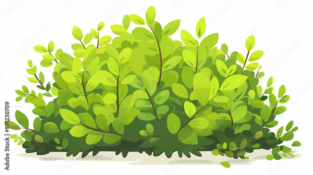 Cute green bush from the forest cartoon, isolated nature object for kids design. Branches and leaves of a fluffy bush isolated on a white background. Vector hand drawn illustration in paper cute style Cute green bush from the forest cartoon, isolated nature object for kids design. Branches and leaves of a fluffy bush isolated on a white background. Vector hand drawn illustration in paper cute style