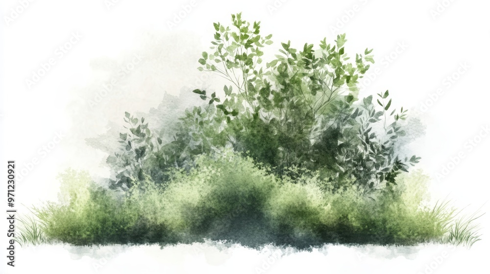 A serene watercolor illustration of lush greenery, showcasing beautiful bushes and grass, perfect for nature-themed projects. A serene watercolor illustration of lush greenery, showcasing beautiful bushes and grass, perfect for nature-themed projects.