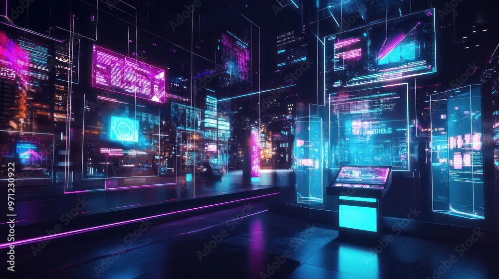 Futuristic urban scene with neon lights and digital displays. Futuristic urban scene with neon lights and digital displays.