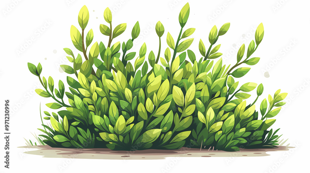 Cute green bush from the forest cartoon, isolated nature object for kids design. Branches and leaves of a fluffy bush isolated on a white background. Vector hand drawn illustration in paper cute style Cute green bush from the forest cartoon, isolated nature object for kids design. Branches and leaves of a fluffy bush isolated on a white background. Vector hand drawn illustration in paper cute style