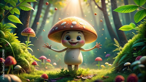 Whimsical illustration of a smiling cartoon mushroom character standing upright with arms outstretched, surrounded by lush greenery and vines in a vibrant, playful environment. photo