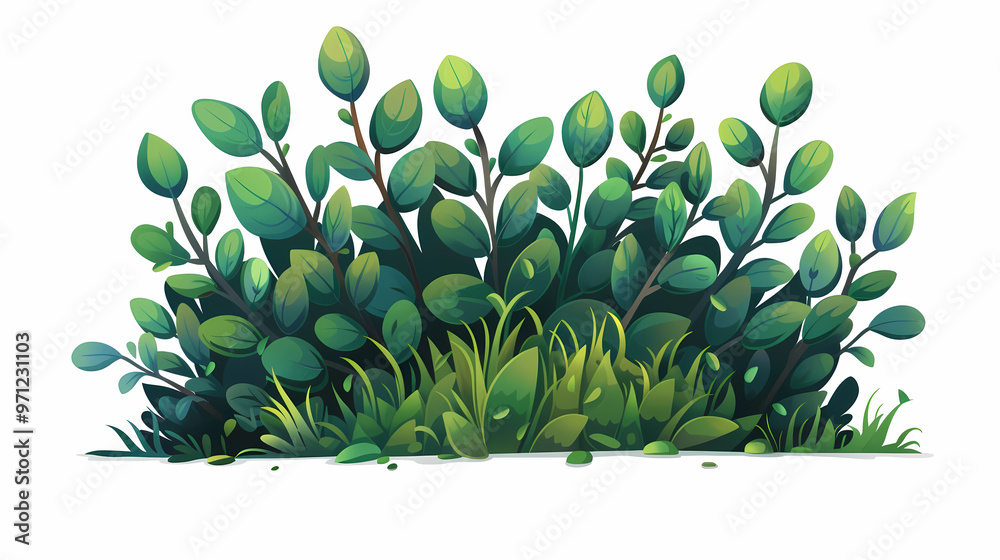 Cute green bush from the forest cartoon, isolated nature object for kids design. Branches and leaves of a fluffy bush isolated on a white background. Vector hand drawn illustration in paper cute style Cute green bush from the forest cartoon, isolated nature object for kids design. Branches and leaves of a fluffy bush isolated on a white background. Vector hand drawn illustration in paper cute style