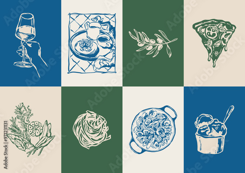 Minimalist hand drawn food and beverages vector illustration collection. Art for greeting cards, wedding invitations, poster design, postcards, branding, logo design, background.